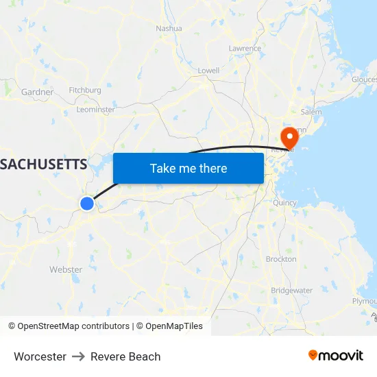 Worcester to Revere Beach map