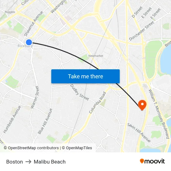 Boston to Malibu Beach map