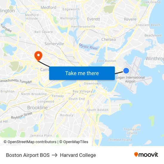Boston Airport BOS to Harvard College map