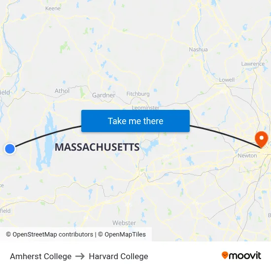 Amherst College to Harvard College map