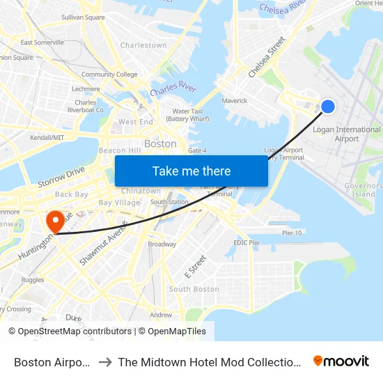 Boston Airport BOS to The Midtown Hotel Mod Collection by Sonesta map