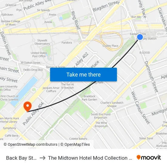 Back Bay Station to The Midtown Hotel Mod Collection by Sonesta map