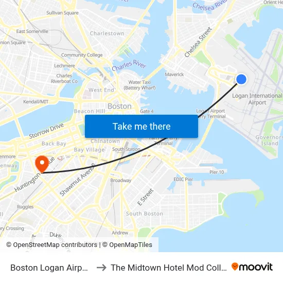 Boston Logan Airport Terminal C to The Midtown Hotel Mod Collection by Sonesta map