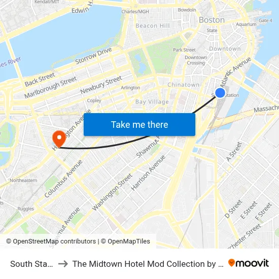 South Station to The Midtown Hotel Mod Collection by Sonesta map