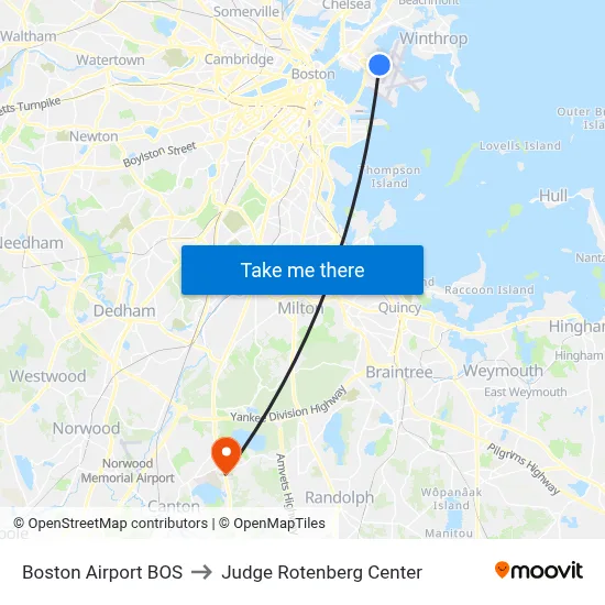 Boston Airport BOS to Judge Rotenberg Center map
