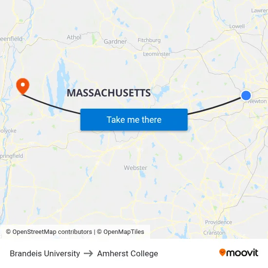 Brandeis University to Amherst College map