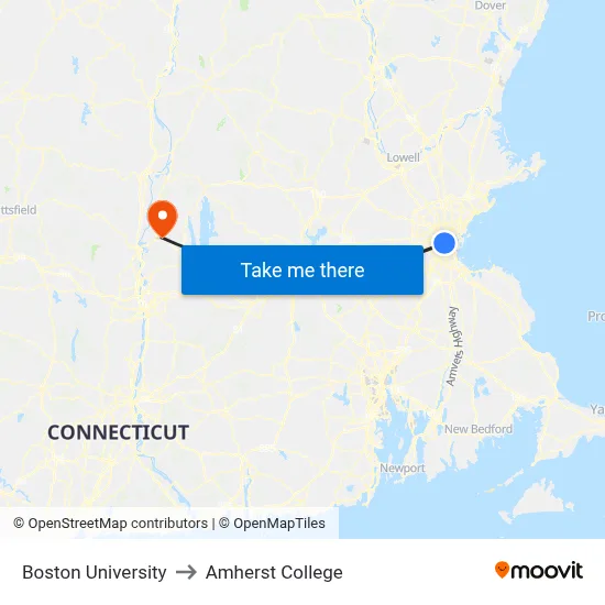 Boston University to Amherst College map