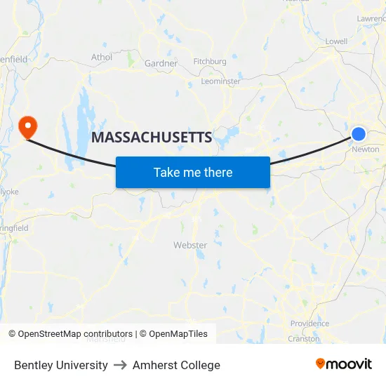 Bentley University to Amherst College map