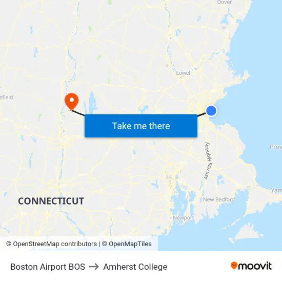 Boston Airport BOS to Amherst College map