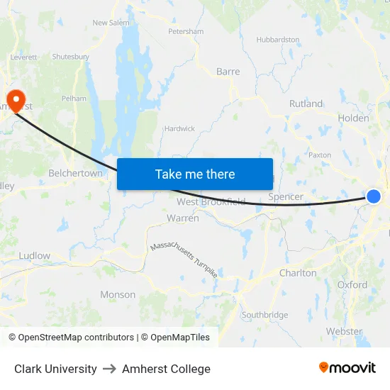 Clark University to Amherst College map