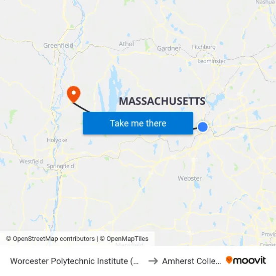 Worcester Polytechnic Institute (WPI) to Amherst College map