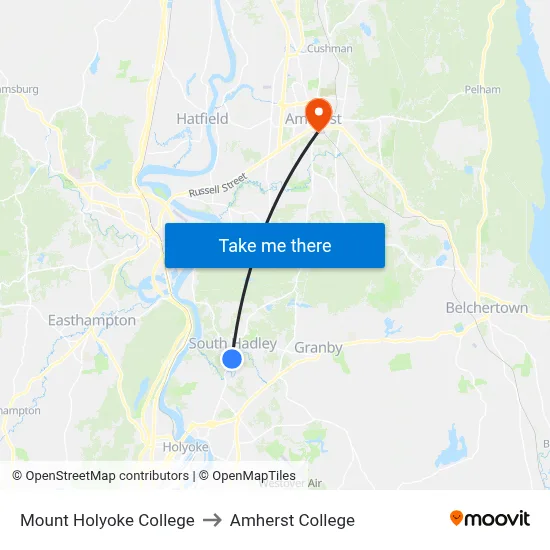 Mount Holyoke College to Amherst College map
