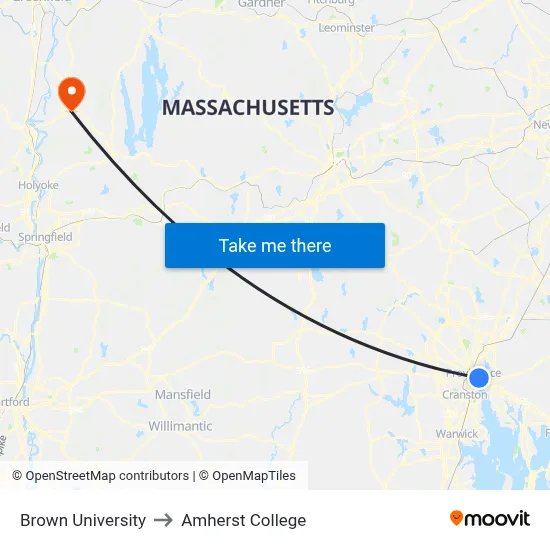 Brown University to Amherst College map