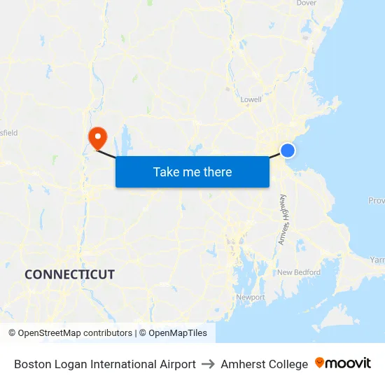Boston Logan International Airport to Amherst College map