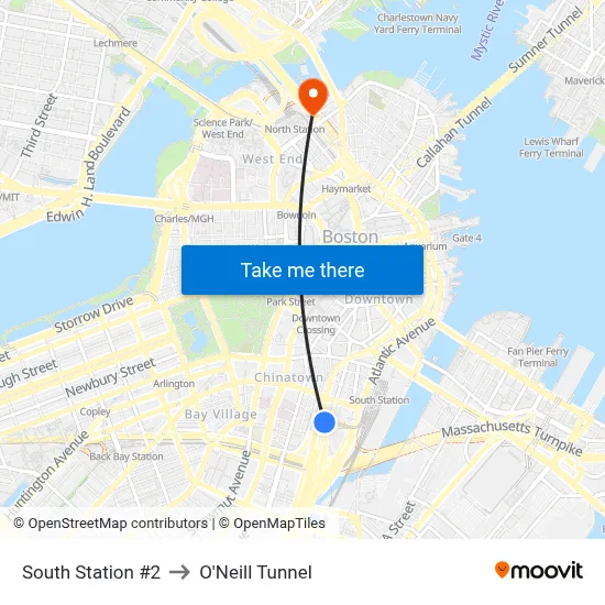 South Station #2 to O'Neill Tunnel map