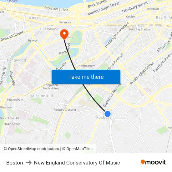 Boston to New England Conservatory Of Music map
