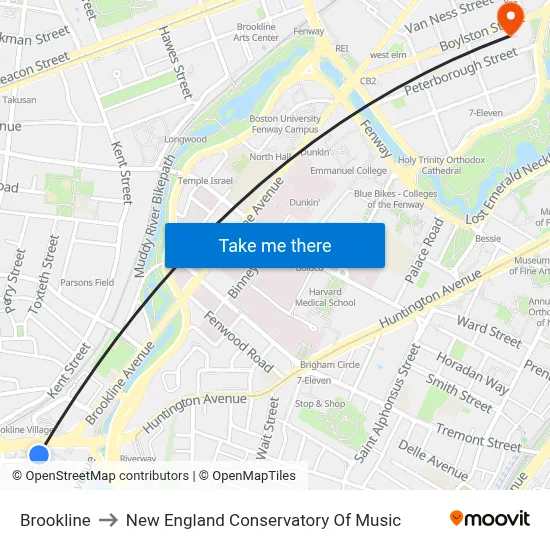 Brookline to New England Conservatory Of Music map