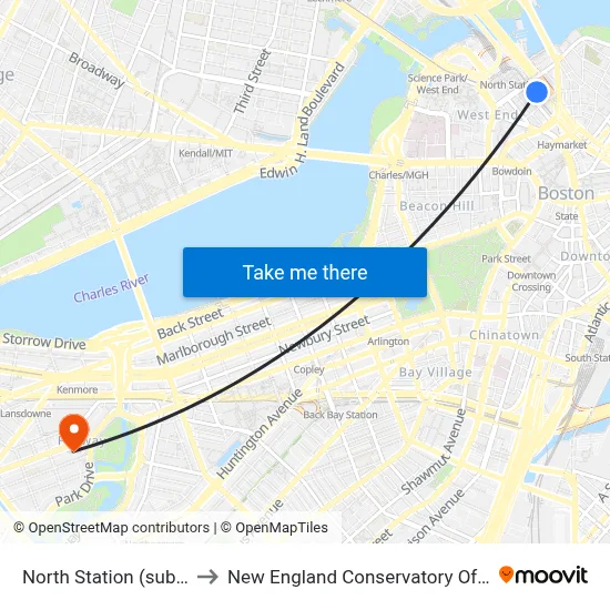 North Station (subway) to New England Conservatory Of Music map