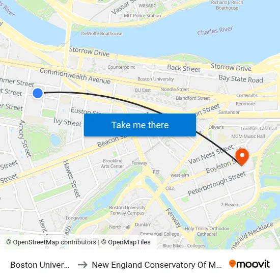 Boston University to New England Conservatory Of Music map