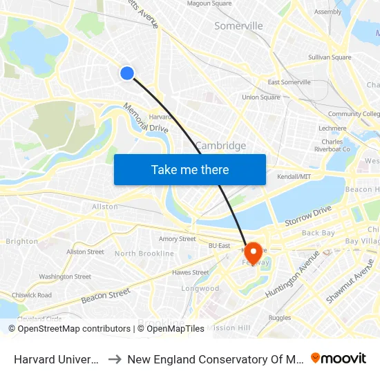 Harvard University to New England Conservatory Of Music map