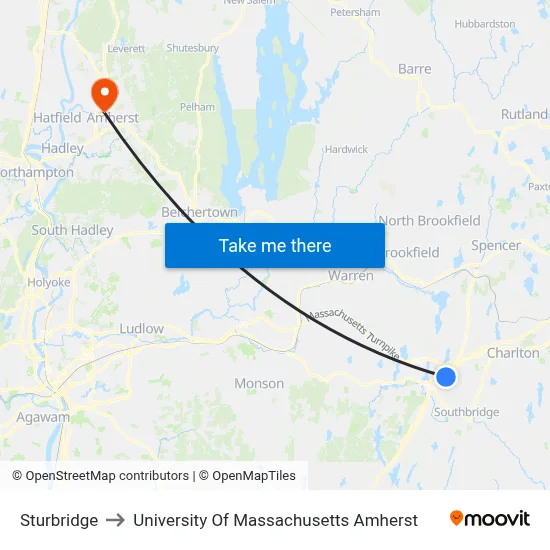 Sturbridge to University Of Massachusetts Amherst map