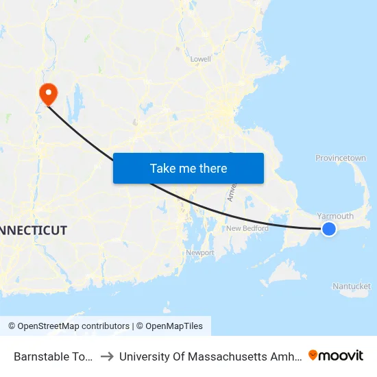 Barnstable Town to University Of Massachusetts Amherst map