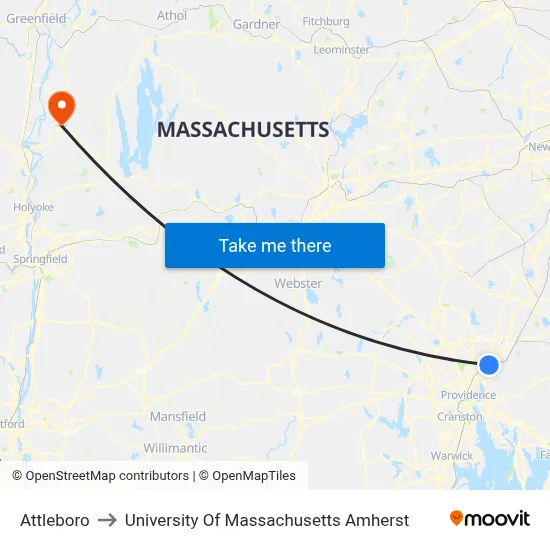 Attleboro to University Of Massachusetts Amherst map