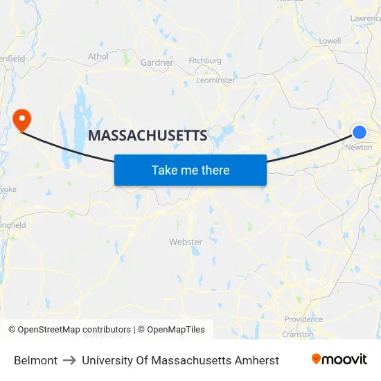 Belmont to University Of Massachusetts Amherst map