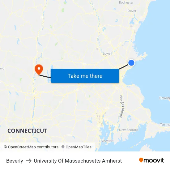 Beverly to University Of Massachusetts Amherst map
