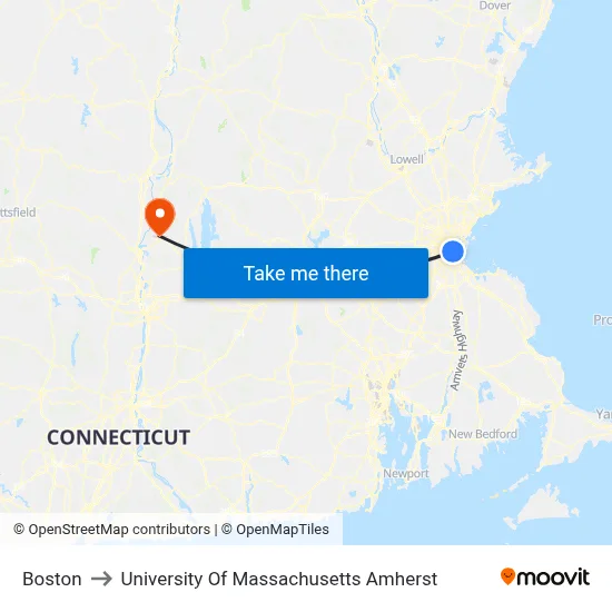 Boston to University Of Massachusetts Amherst map