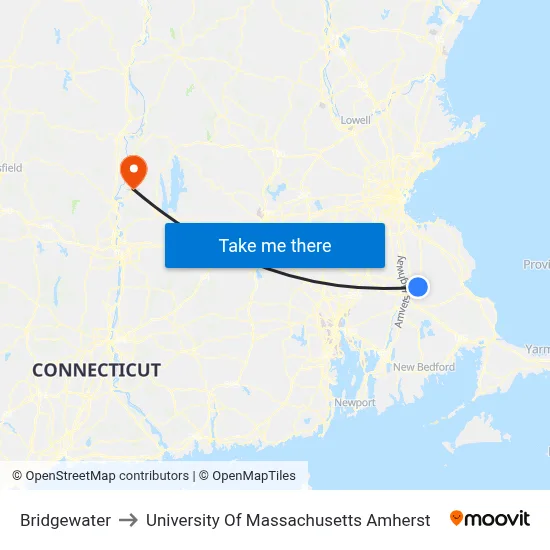Bridgewater to University Of Massachusetts Amherst map