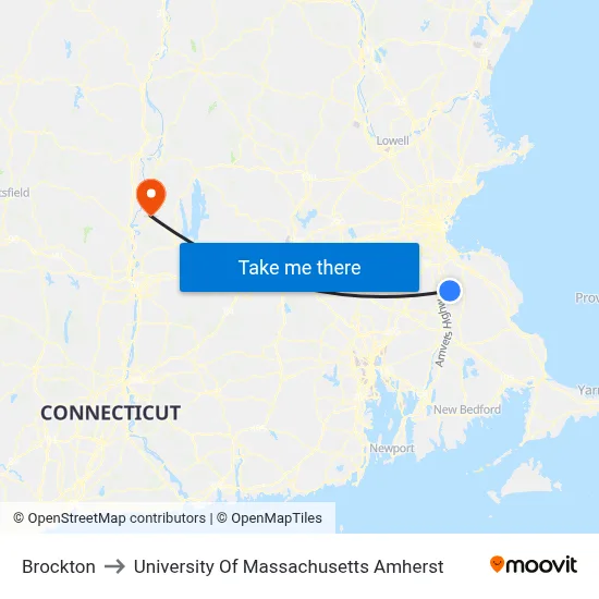 Brockton to University Of Massachusetts Amherst map