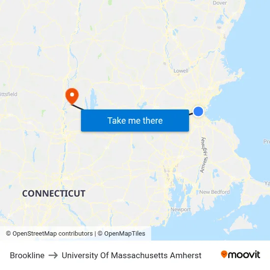 Brookline to University Of Massachusetts Amherst map