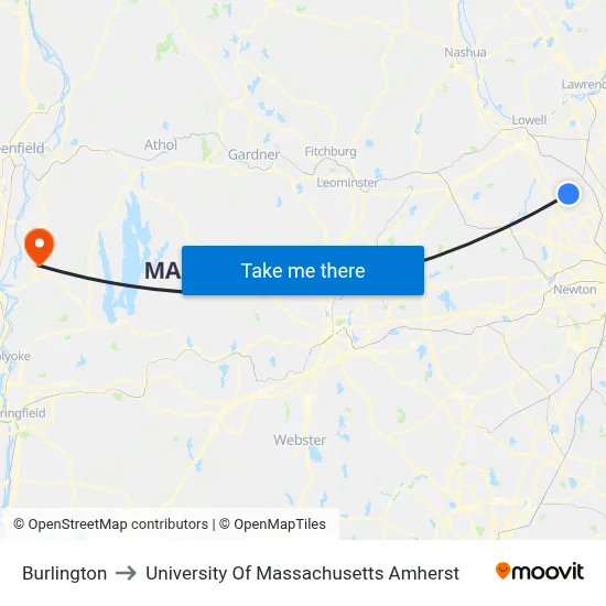 Burlington to University Of Massachusetts Amherst map