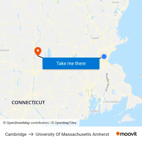Cambridge to University Of Massachusetts Amherst map
