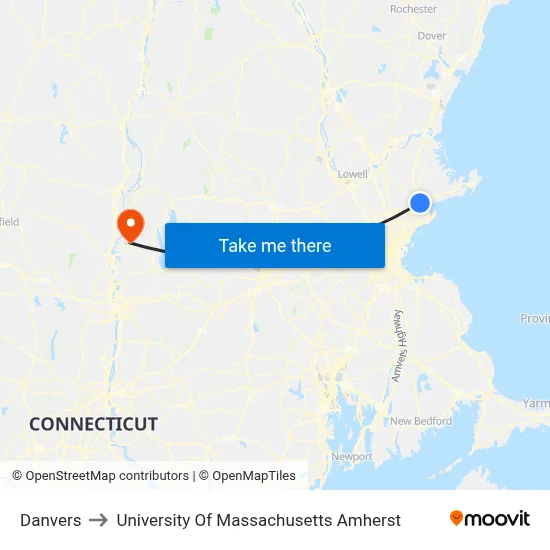 Danvers to University Of Massachusetts Amherst map