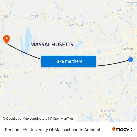 Dedham to University Of Massachusetts Amherst map