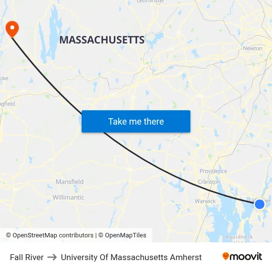 Fall River to University Of Massachusetts Amherst map