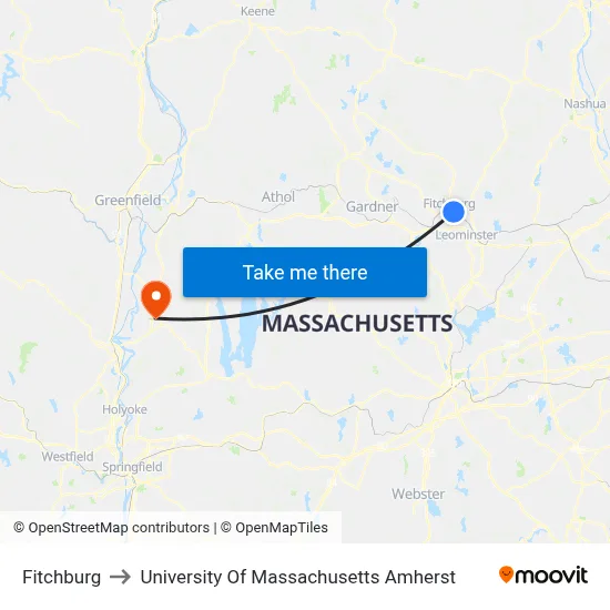 Fitchburg to University Of Massachusetts Amherst map