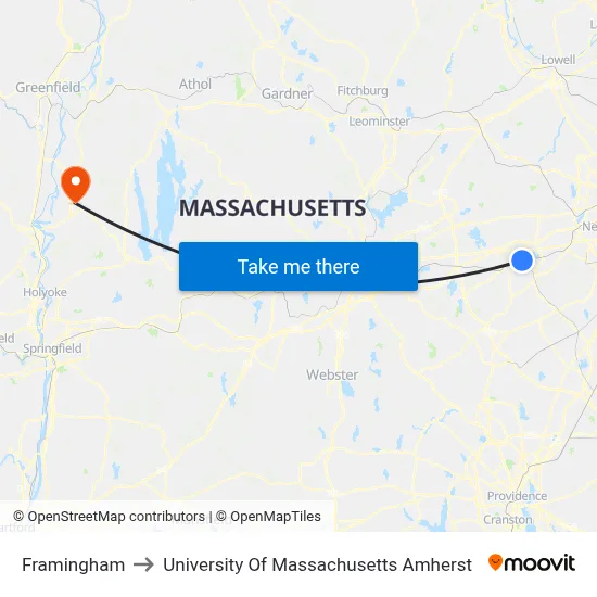 Framingham to University Of Massachusetts Amherst map
