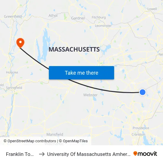 Franklin Town to University Of Massachusetts Amherst map