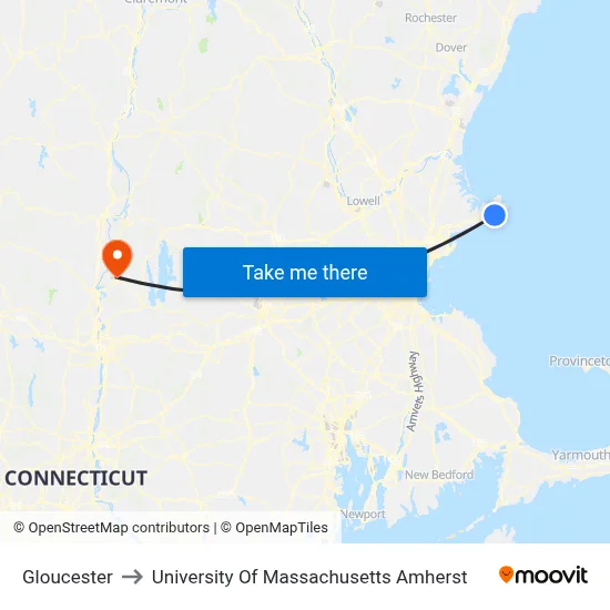 Gloucester to University Of Massachusetts Amherst map