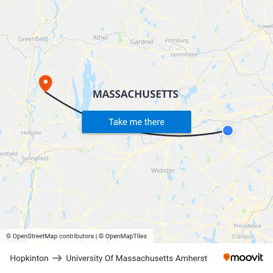 Hopkinton to University Of Massachusetts Amherst map