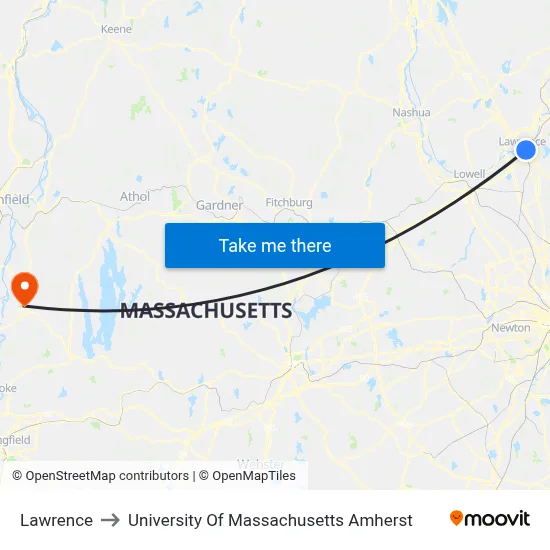 Lawrence to University Of Massachusetts Amherst map