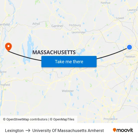 Lexington to University Of Massachusetts Amherst map