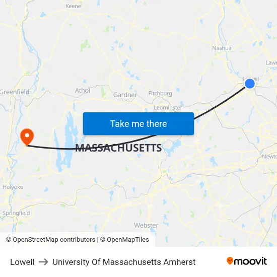 Lowell to University Of Massachusetts Amherst map