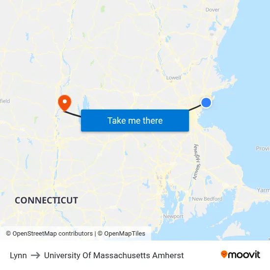 Lynn to University Of Massachusetts Amherst map
