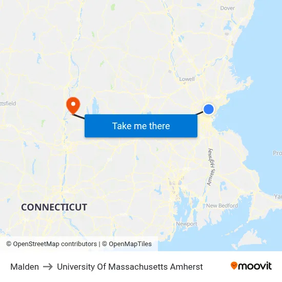 Malden to University Of Massachusetts Amherst map