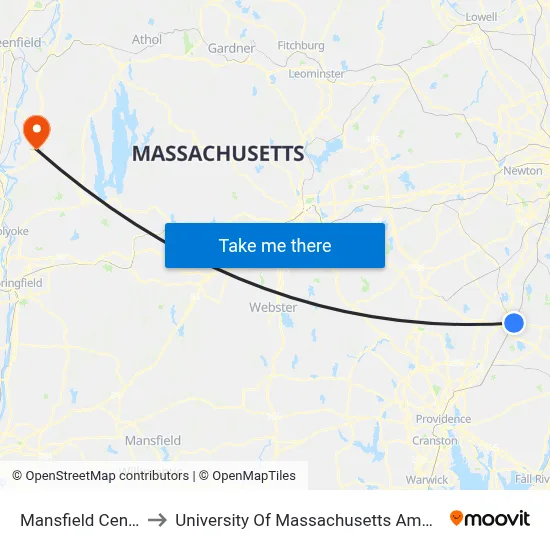 Mansfield Center to University Of Massachusetts Amherst map