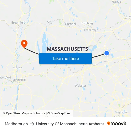 Marlborough to University Of Massachusetts Amherst map